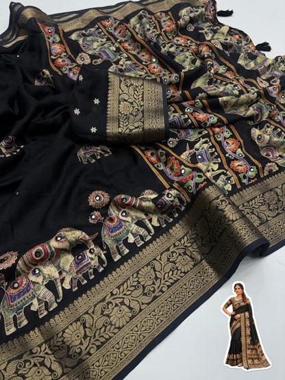 Premium Pure Marsh Mellow Silk Saree with Aari Mirror Work & Rich Pallu | Elephant Print Designer Saree for Women