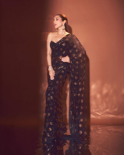 Sophie Choudry Inspired Black Faux Georgette Sequins Saree