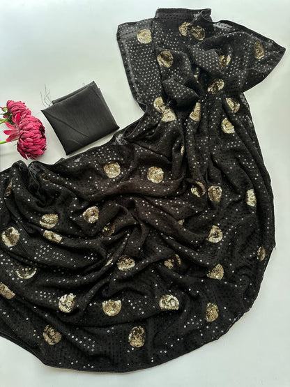 Sophie Choudry Inspired Black Faux Georgette Sequins Saree