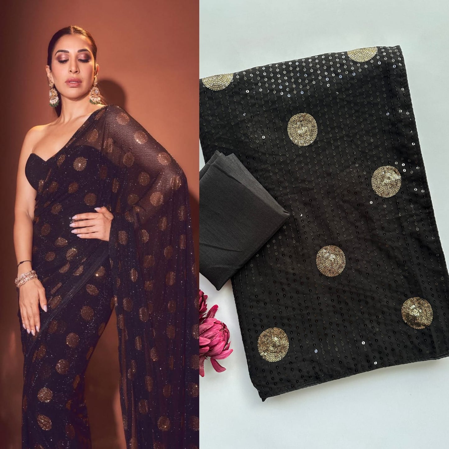 Sophie Choudry Inspired Black Faux Georgette Sequins Saree