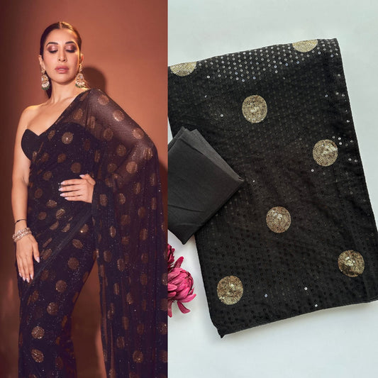 Sophie Choudry Inspired Black Faux Georgette Sequins Saree