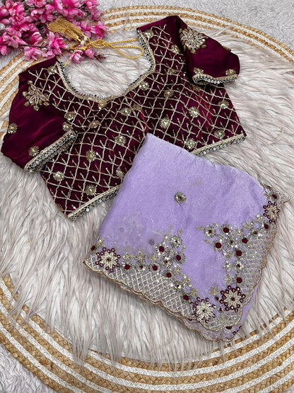 Bollywood Designer Fendy Satin Silk Saree with 3mm Sequins & Coding Embroidery Work | Cutwork Border | Stitched Blouse