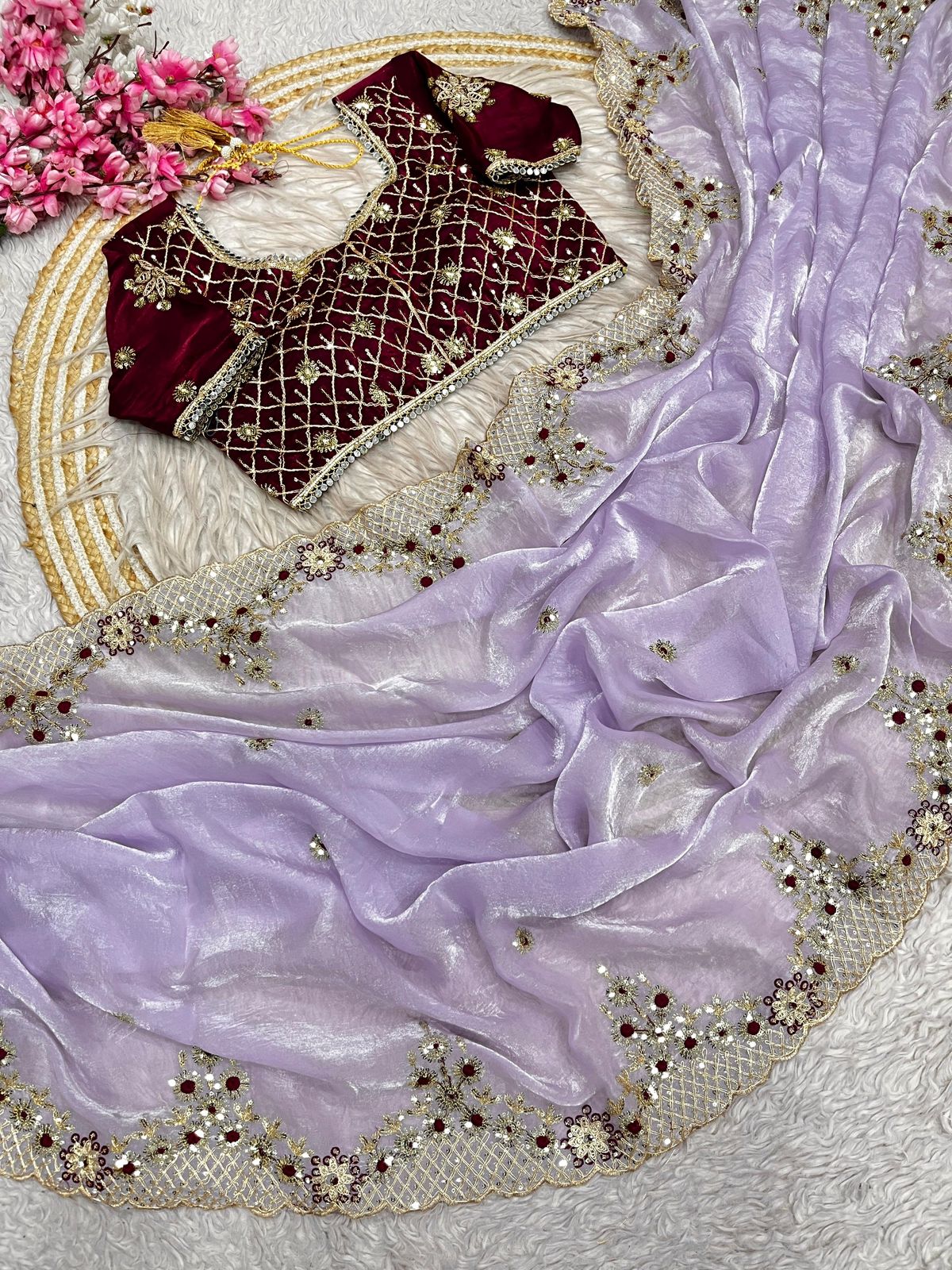Bollywood Designer Fendy Satin Silk Saree with 3mm Sequins & Coding Embroidery Work | Cutwork Border | Stitched Blouse
