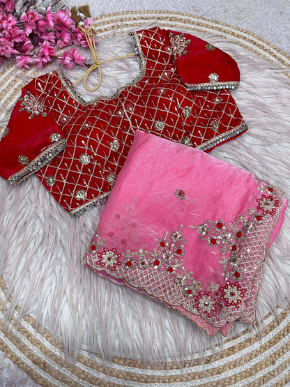 Bollywood Designer Fendy Satin Silk Saree with 3mm Sequins & Coding Embroidery Work | Cutwork Border | Stitched Blouse