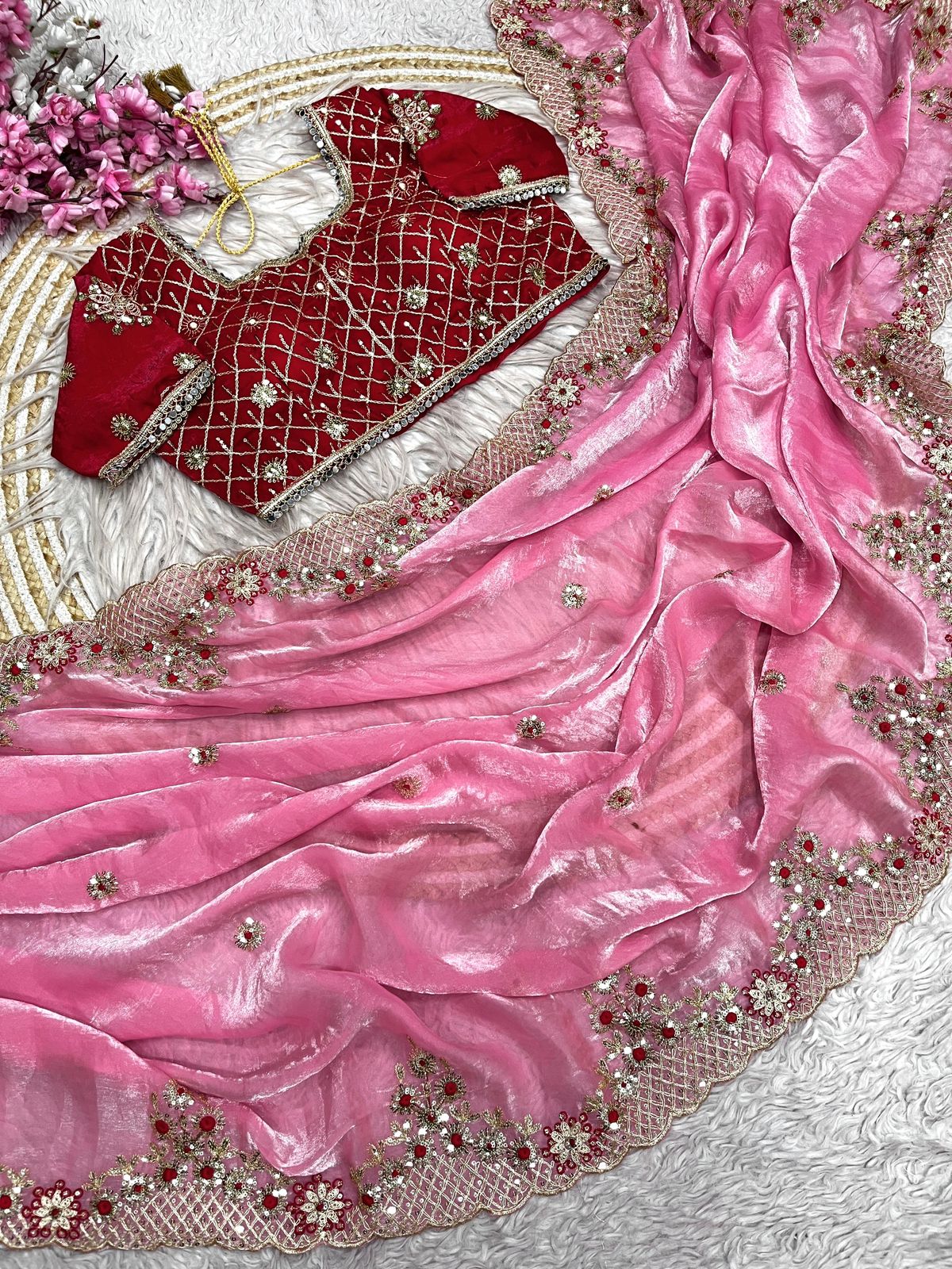 Bollywood Designer Fendy Satin Silk Saree with 3mm Sequins & Coding Embroidery Work | Cutwork Border | Stitched Blouse