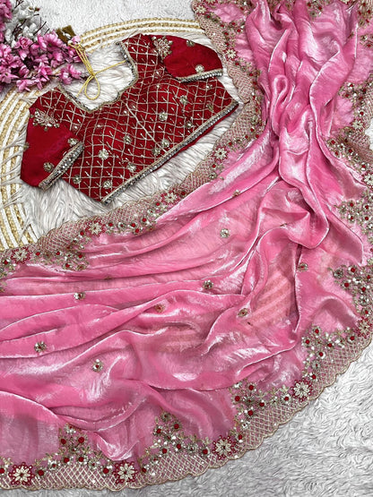 Bollywood Designer Fendy Satin Silk Saree with 3mm Sequins & Coding Embroidery Work | Cutwork Border | Stitched Blouse