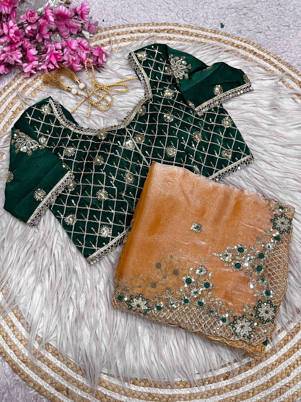 Bollywood Designer Fendy Satin Silk Saree with 3mm Sequins & Coding Embroidery Work | Cutwork Border | Stitched Blouse