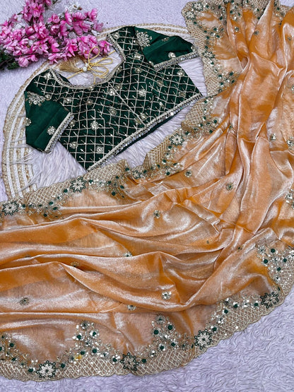 Bollywood Designer Fendy Satin Silk Saree with 3mm Sequins & Coding Embroidery Work | Cutwork Border | Stitched Blouse