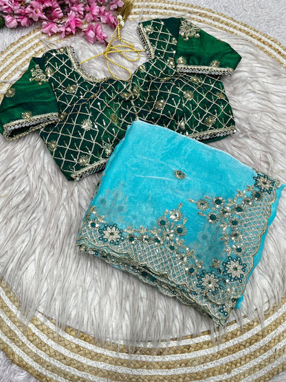 Bollywood Designer Fendy Satin Silk Saree with 3mm Sequins & Coding Embroidery Work | Cutwork Border | Stitched Blouse