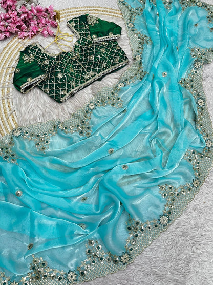 Bollywood Designer Fendy Satin Silk Saree with 3mm Sequins & Coding Embroidery Work | Cutwork Border | Stitched Blouse