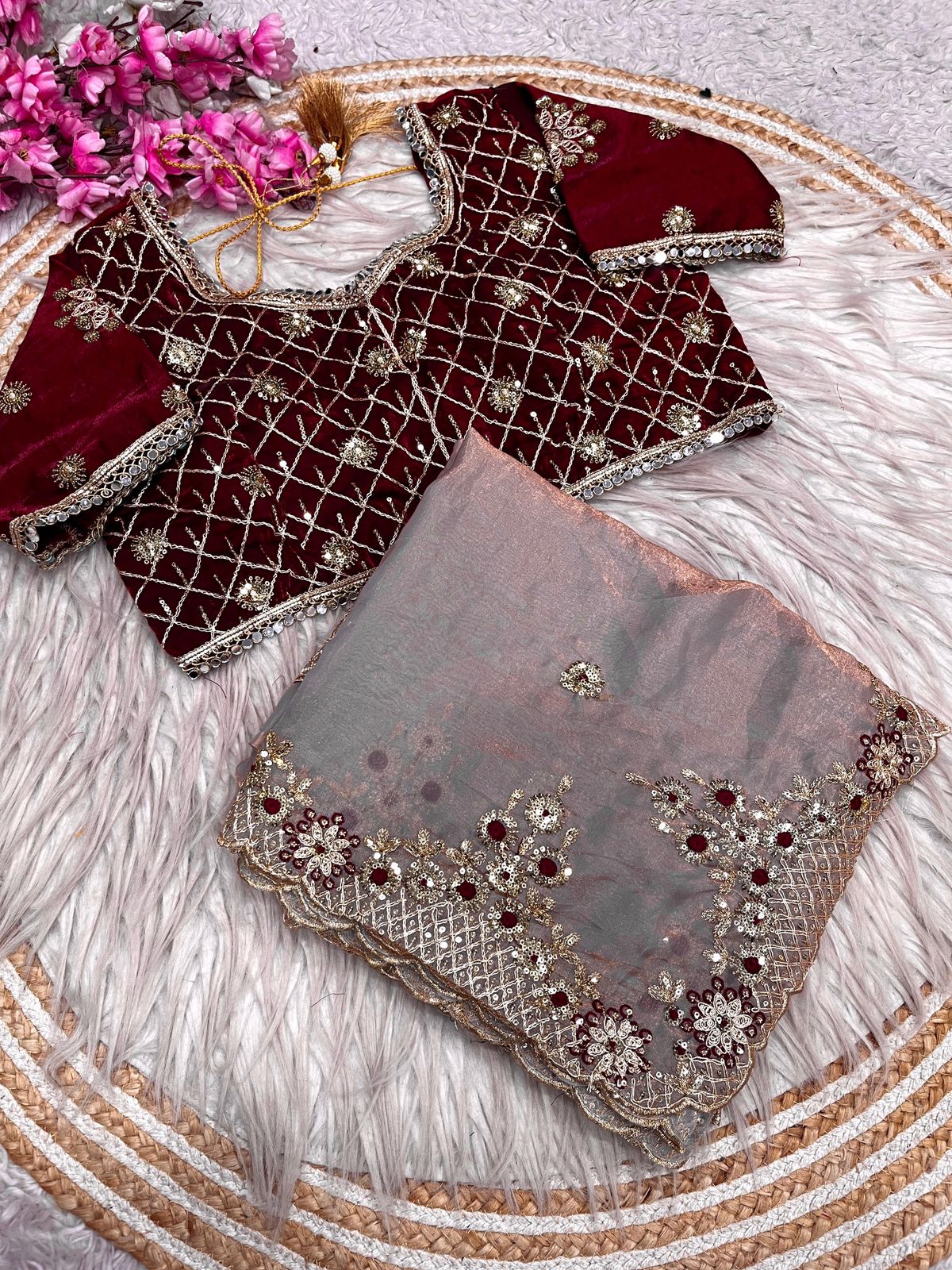 Bollywood Designer Fendy Satin Silk Saree with 3mm Sequins & Coding Embroidery Work | Cutwork Border | Stitched Blouse
