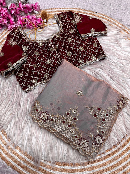 Bollywood Designer Fendy Satin Silk Saree with 3mm Sequins & Coding Embroidery Work | Cutwork Border | Stitched Blouse