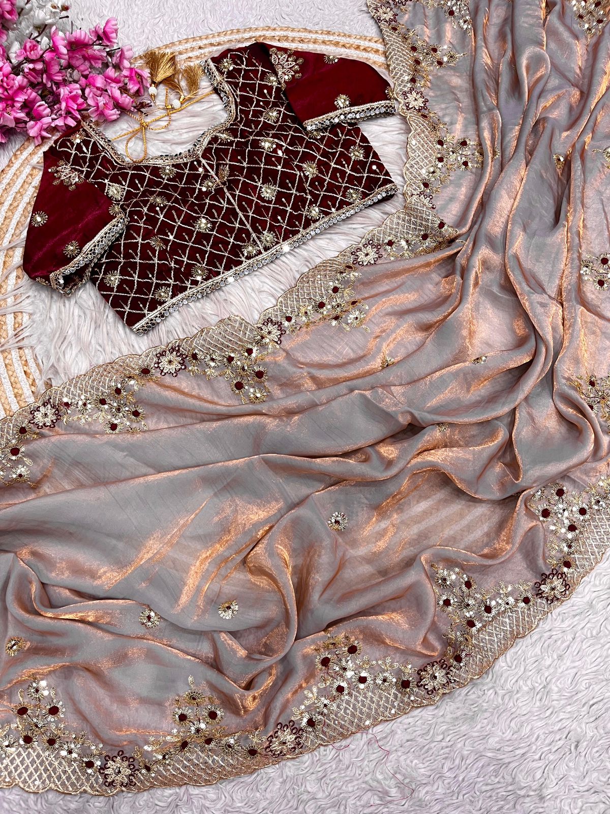 Bollywood Designer Fendy Satin Silk Saree with 3mm Sequins & Coding Embroidery Work | Cutwork Border | Stitched Blouse