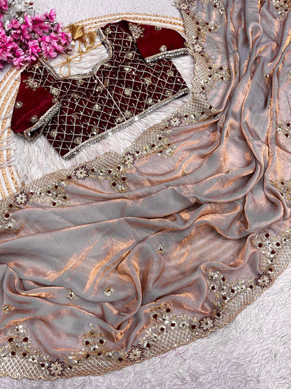 Bollywood Designer Fendy Satin Silk Saree with 3mm Sequins & Coding Embroidery Work | Cutwork Border | Stitched Blouse