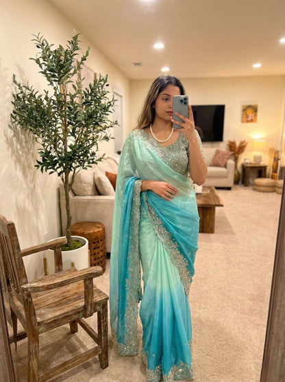 Fendy Satin Padding Saree with 3mm Sequence Embroidery Border & Heavy Zari Work Blouse | KYARI PADDING