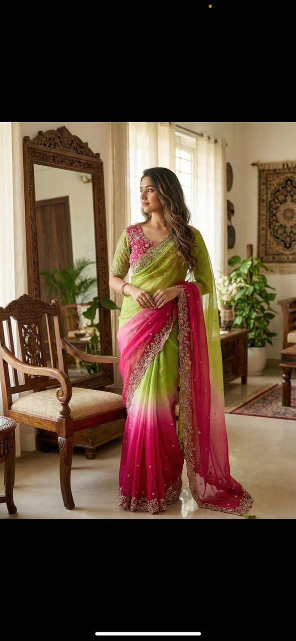 Fendy Satin Padding Saree with 3mm Sequence Embroidery Border & Heavy Zari Work Blouse | KYARI PADDING
