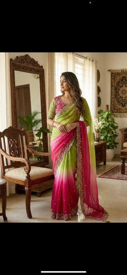 Fendy Satin Padding Saree with 3mm Sequence Embroidery Border & Heavy Zari Work Blouse | KYARI PADDING