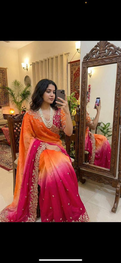 Fendy Satin Padding Saree with 3mm Sequence Embroidery Border & Heavy Zari Work Blouse | KYARI PADDING