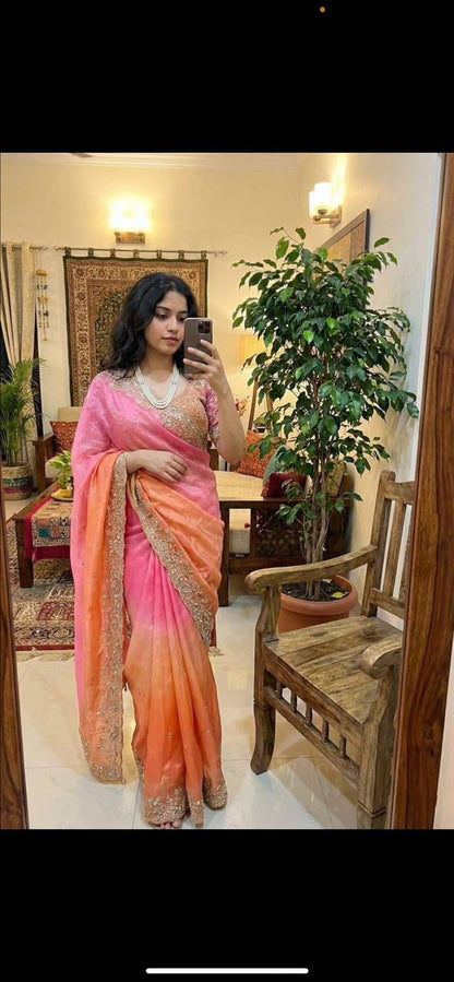 Fendy Satin Padding Saree with 3mm Sequence Embroidery Border & Heavy Zari Work Blouse | KYARI PADDING