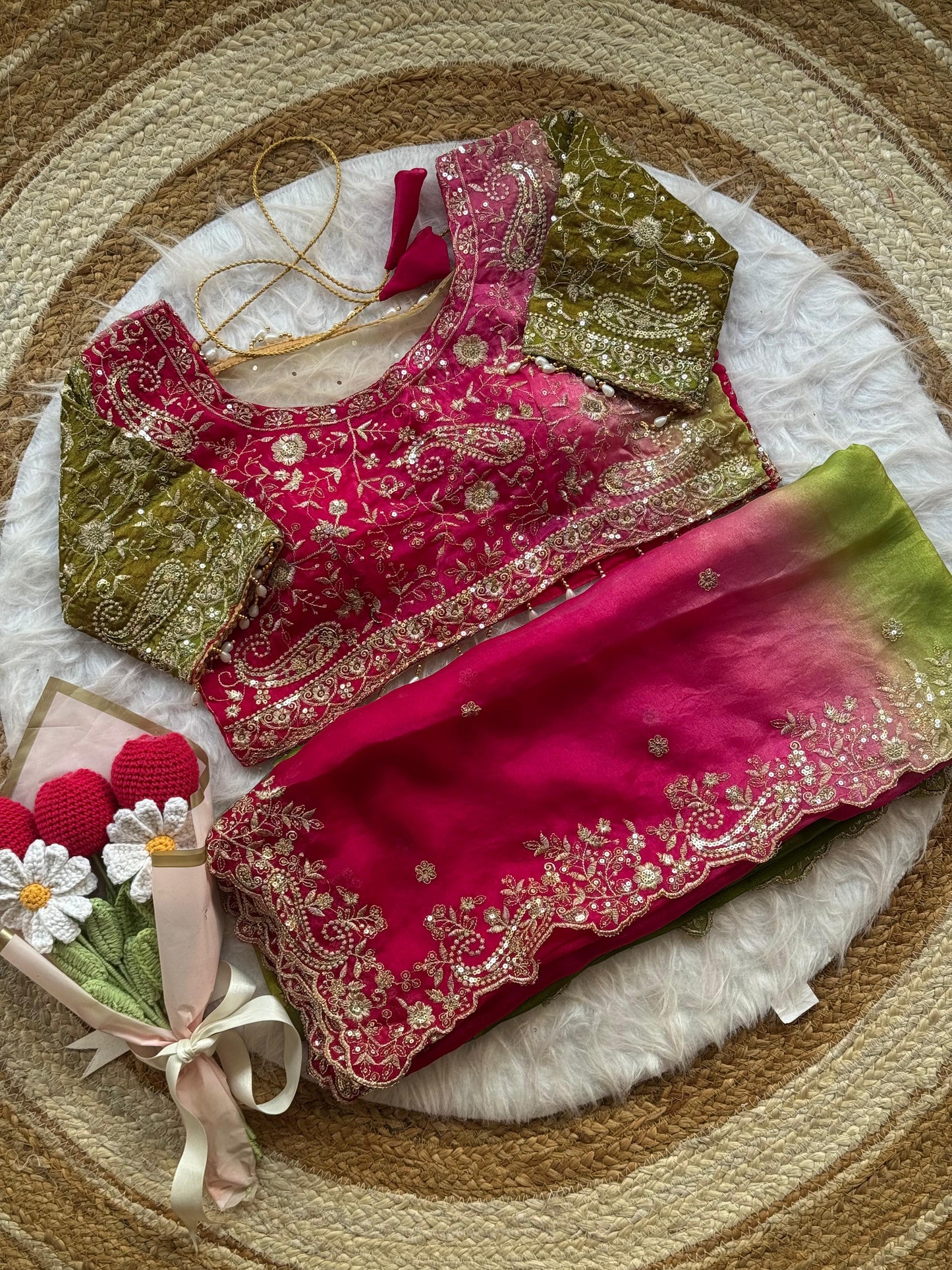 Fendy Satin Padding Saree with 3mm Sequence Embroidery Border & Heavy Zari Work Blouse | KYARI PADDING