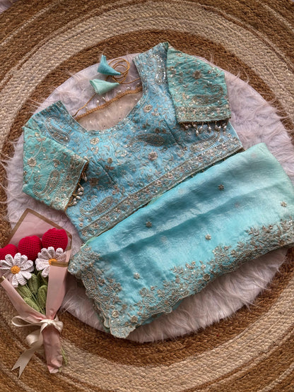 Fendy Satin Padding Saree with 3mm Sequence Embroidery Border & Heavy Zari Work Blouse | KYARI PADDING