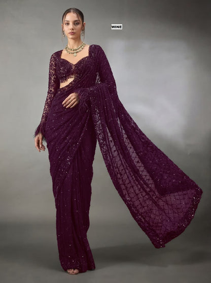 Bollywood Faux Georgette Saree with Sequins Work & Embroidered Blouse