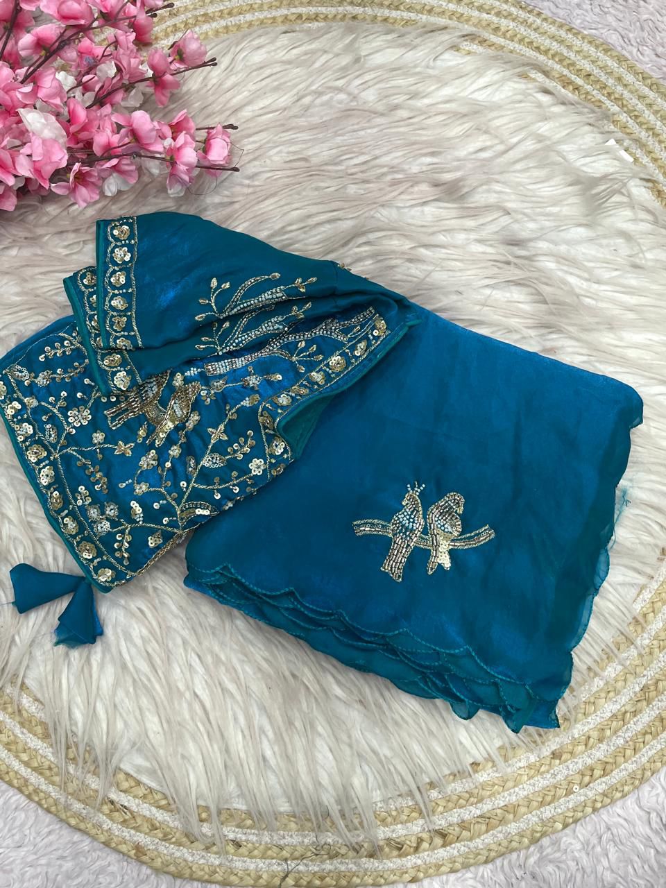 Bollywood Trending Fandy Satin Saree with Khatli & Beads Work Border | Ready-to-Wear Stitched Blouse | Party Wear Designer Saree