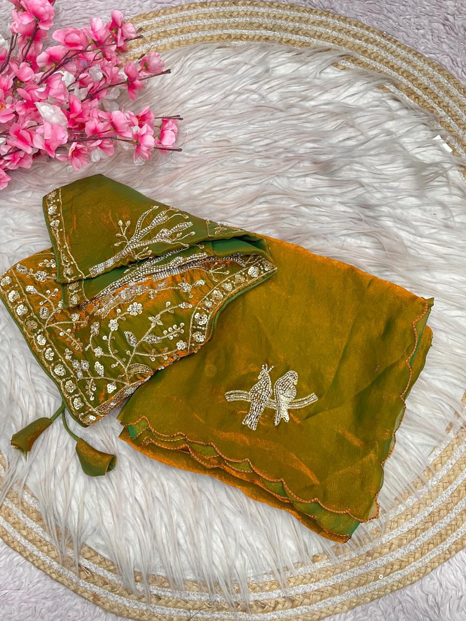 Bollywood Trending Fandy Satin Saree with Khatli & Beads Work Border | Ready-to-Wear Stitched Blouse | Party Wear Designer Saree