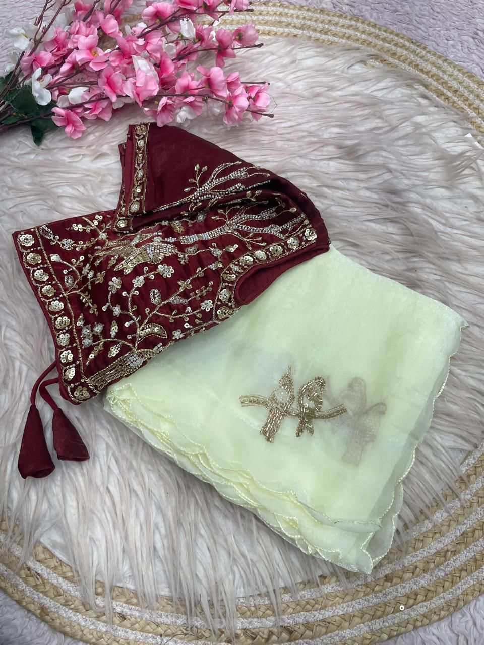 Bollywood Trending Fandy Satin Saree with Khatli & Beads Work Border | Ready-to-Wear Stitched Blouse | Party Wear Designer Saree