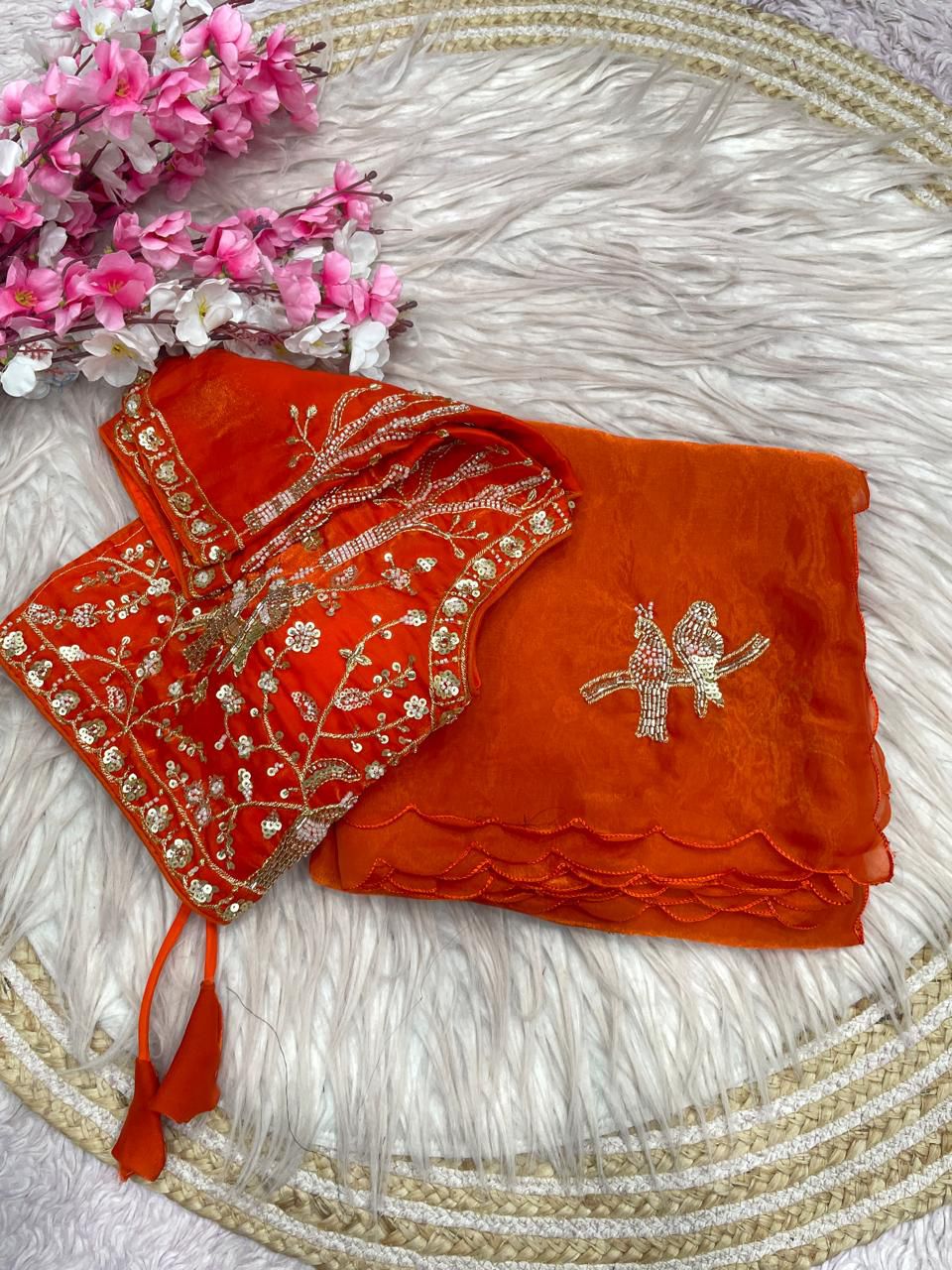 Bollywood Trending Fandy Satin Saree with Khatli & Beads Work Border | Ready-to-Wear Stitched Blouse | Party Wear Designer Saree