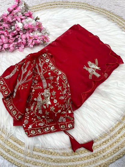 Bollywood Trending Fandy Satin Saree with Khatli & Beads Work Border | Ready-to-Wear Stitched Blouse | Party Wear Designer Saree