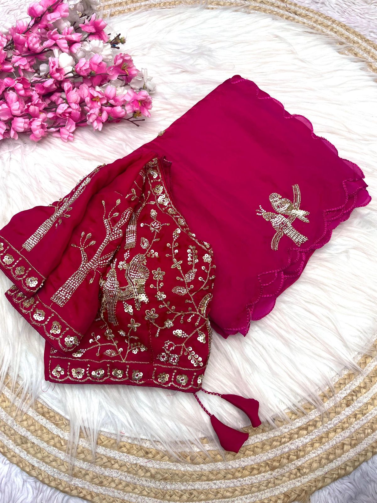 Bollywood Trending Fandy Satin Saree with Khatli & Beads Work Border | Ready-to-Wear Stitched Blouse | Party Wear Designer Saree