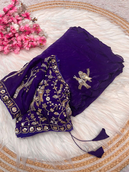 Bollywood Trending Fandy Satin Saree with Khatli & Beads Work Border | Ready-to-Wear Stitched Blouse | Party Wear Designer Saree