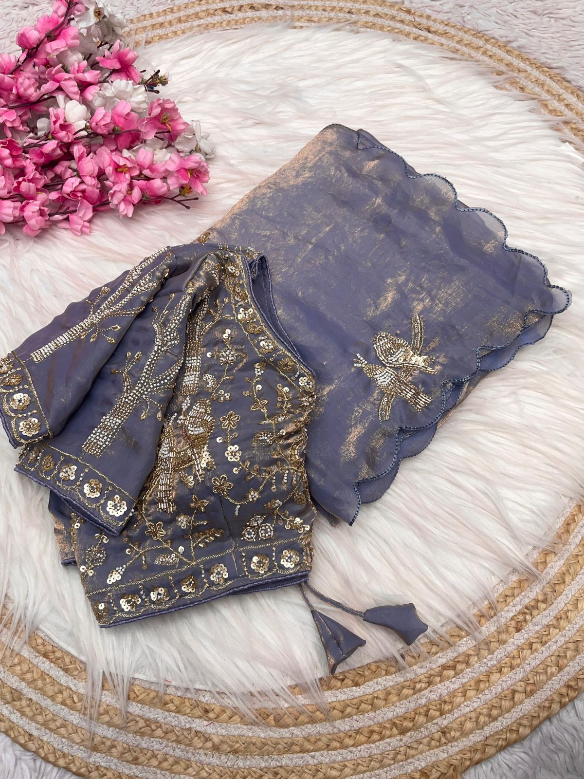 Bollywood Trending Fandy Satin Saree with Khatli & Beads Work Border | Ready-to-Wear Stitched Blouse | Party Wear Designer Saree