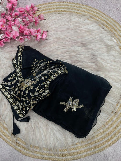 Bollywood Trending Fandy Satin Saree with Khatli & Beads Work Border | Ready-to-Wear Stitched Blouse | Party Wear Designer Saree