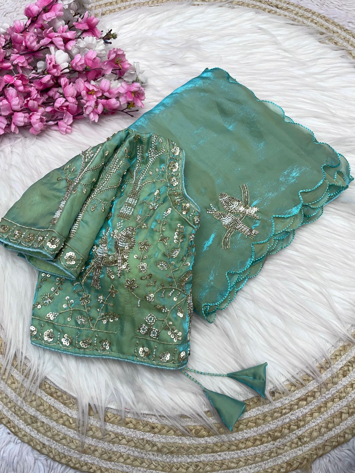 Bollywood Trending Fandy Satin Saree with Khatli & Beads Work Border | Ready-to-Wear Stitched Blouse | Party Wear Designer Saree