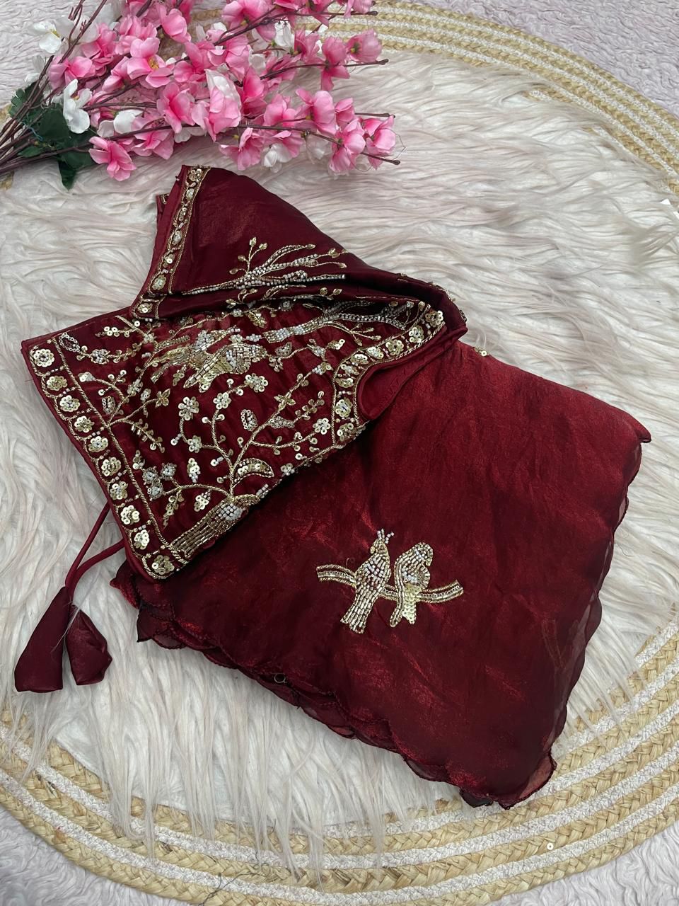 Bollywood Trending Fandy Satin Saree with Khatli & Beads Work Border | Ready-to-Wear Stitched Blouse | Party Wear Designer Saree