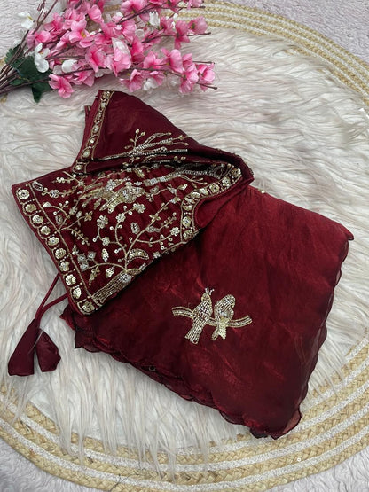 Bollywood Trending Fandy Satin Saree with Khatli & Beads Work Border | Ready-to-Wear Stitched Blouse | Party Wear Designer Saree