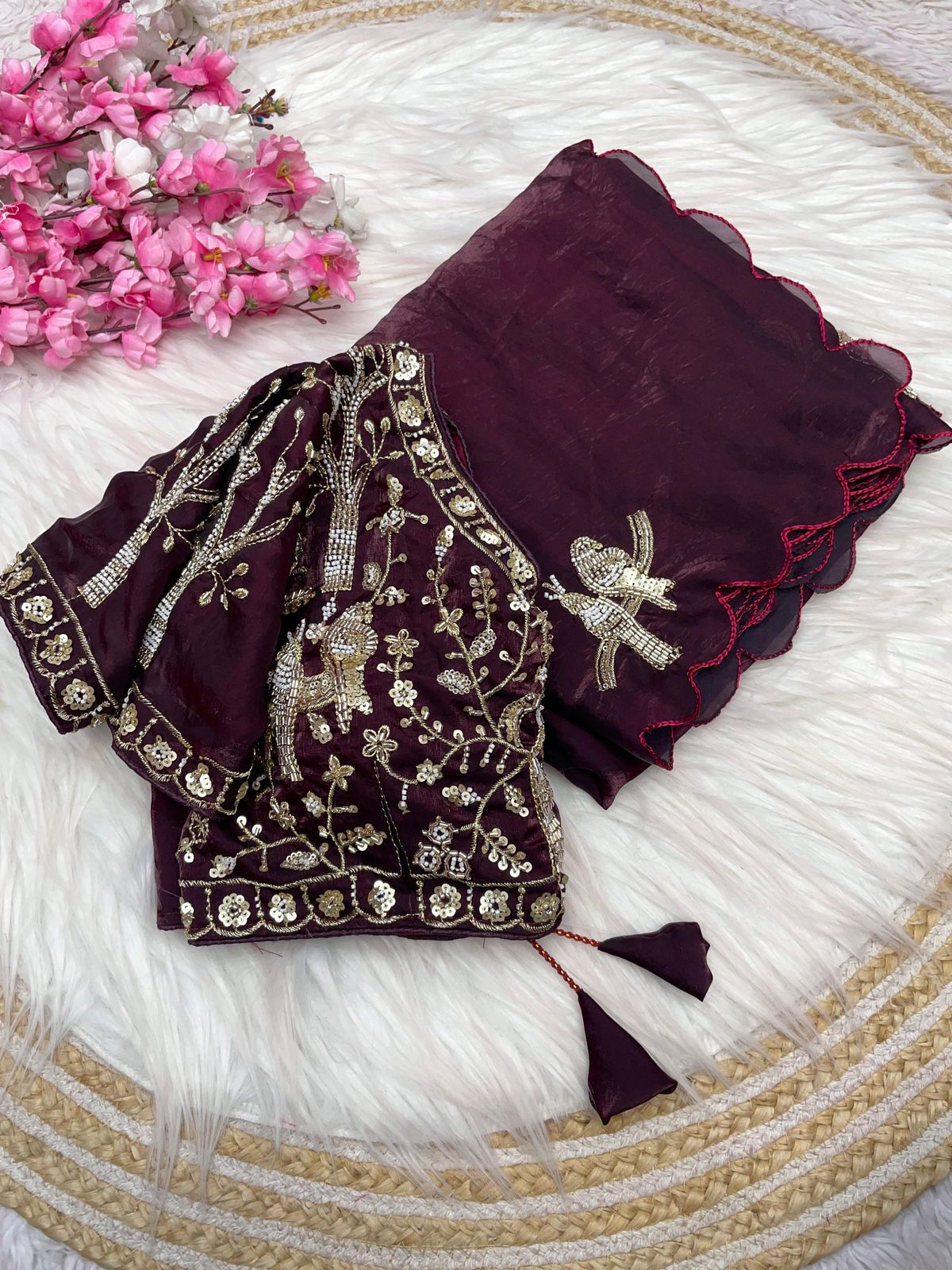 Bollywood Trending Fandy Satin Saree with Khatli & Beads Work Border | Ready-to-Wear Stitched Blouse | Party Wear Designer Saree