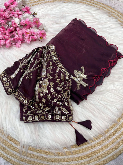 Bollywood Trending Fandy Satin Saree with Khatli & Beads Work Border | Ready-to-Wear Stitched Blouse | Party Wear Designer Saree