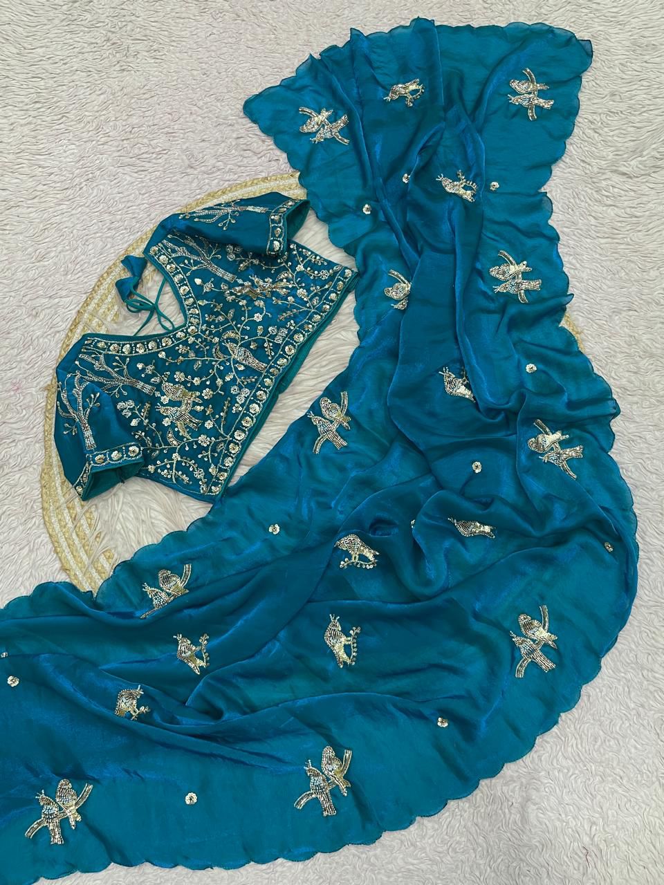 Bollywood Trending Fandy Satin Saree with Khatli & Beads Work Border | Ready-to-Wear Stitched Blouse | Party Wear Designer Saree