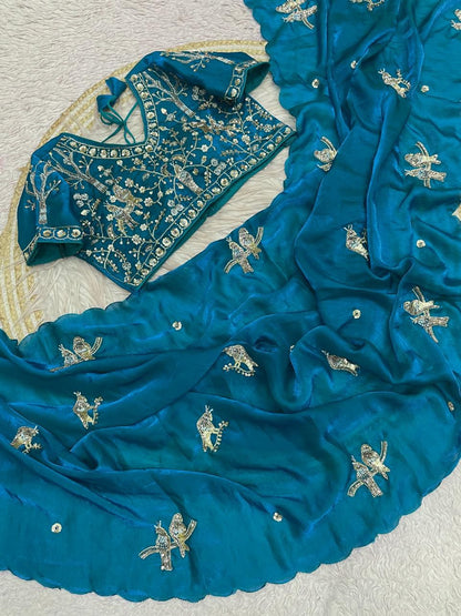 Bollywood Trending Fandy Satin Saree with Khatli & Beads Work Border | Ready-to-Wear Stitched Blouse | Party Wear Designer Saree