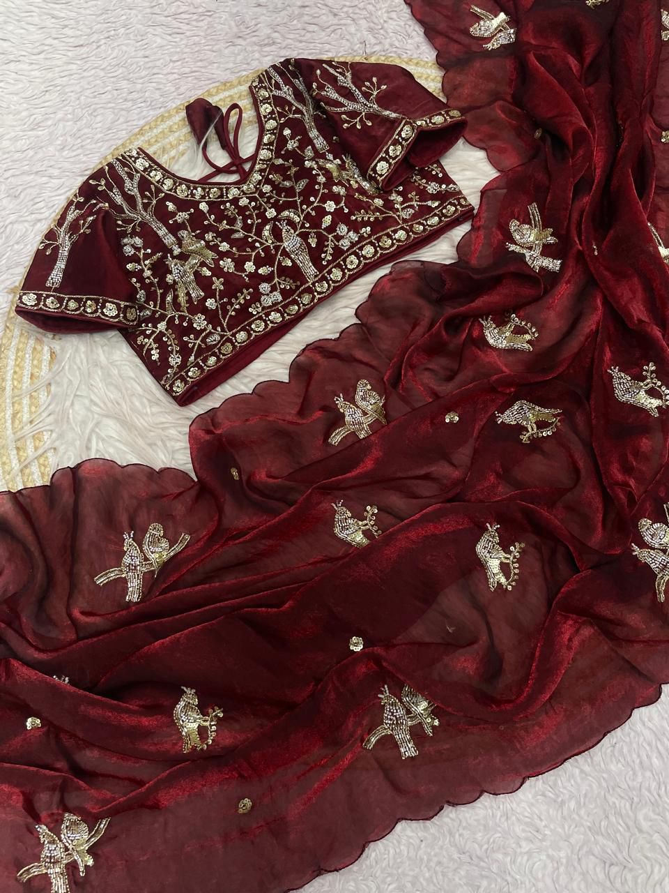 Bollywood Trending Fandy Satin Saree with Khatli & Beads Work Border | Ready-to-Wear Stitched Blouse | Party Wear Designer Saree