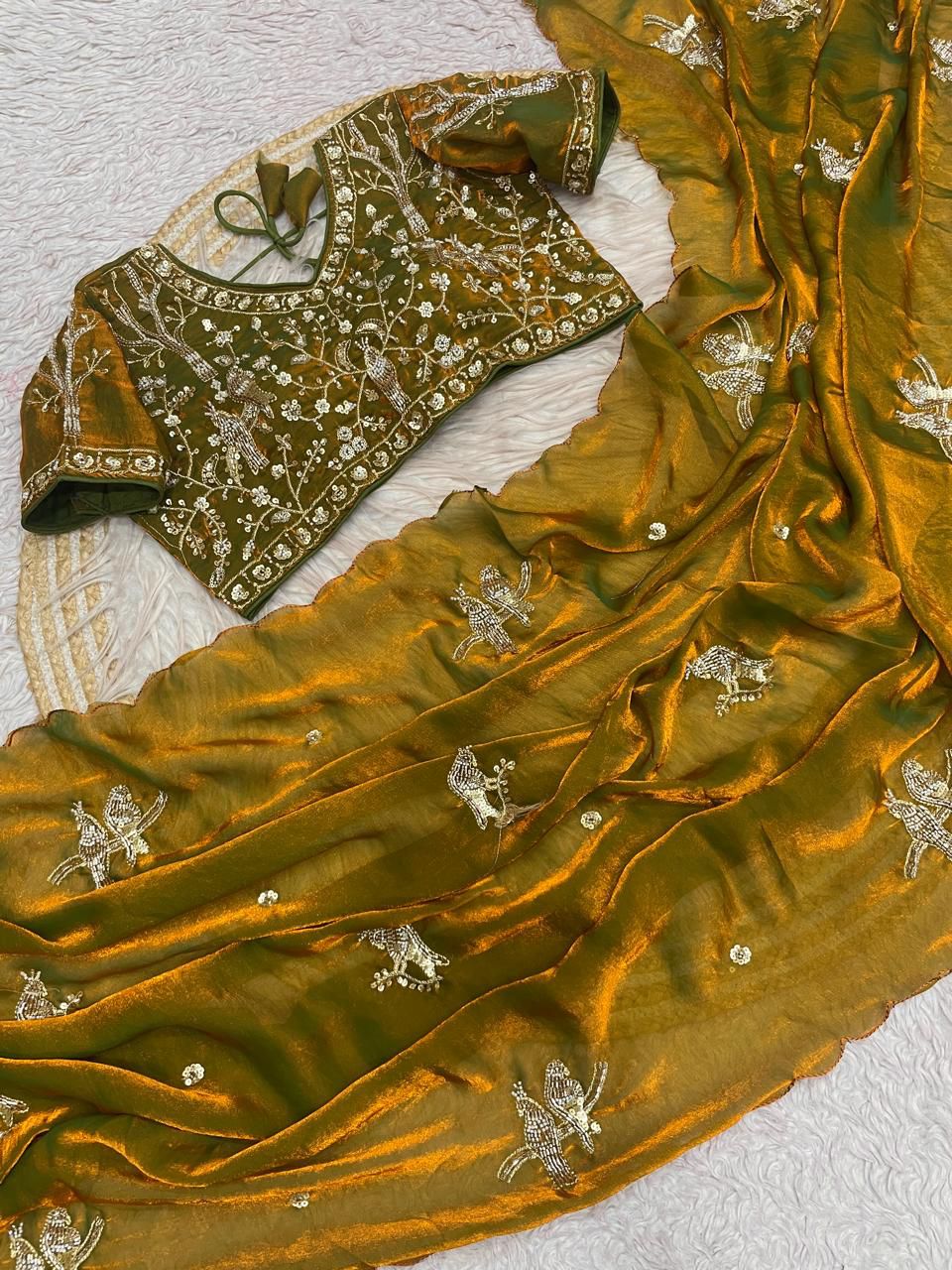 Bollywood Trending Fandy Satin Saree with Khatli & Beads Work Border | Ready-to-Wear Stitched Blouse | Party Wear Designer Saree