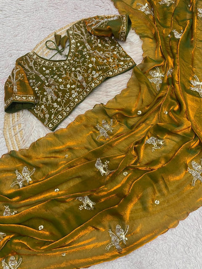 Bollywood Trending Fandy Satin Saree with Khatli & Beads Work Border | Ready-to-Wear Stitched Blouse | Party Wear Designer Saree
