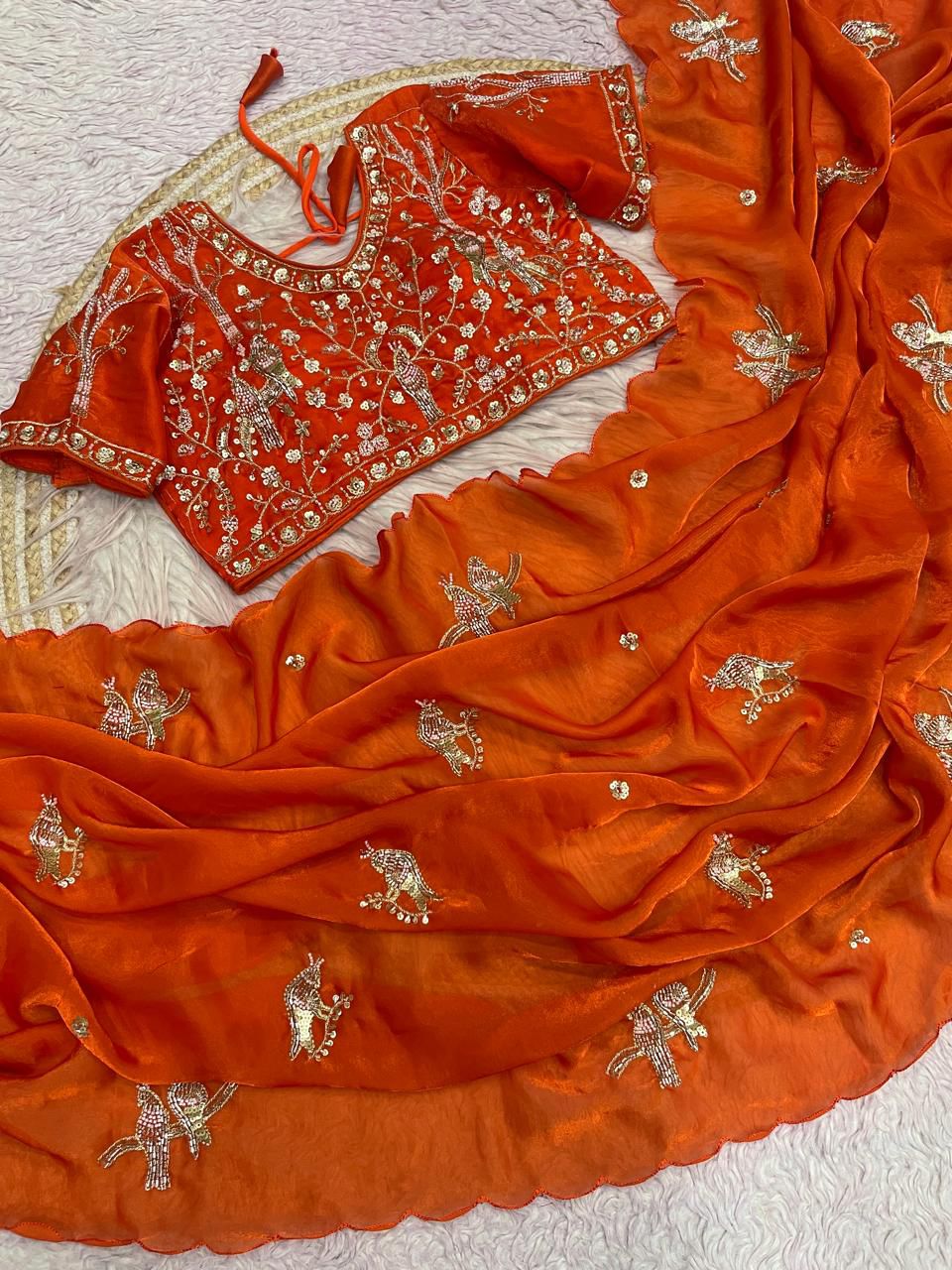 Bollywood Trending Fandy Satin Saree with Khatli & Beads Work Border | Ready-to-Wear Stitched Blouse | Party Wear Designer Saree