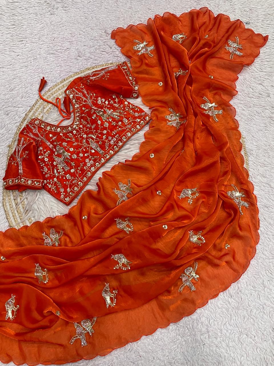 Bollywood Trending Fandy Satin Saree with Khatli & Beads Work Border | Ready-to-Wear Stitched Blouse | Party Wear Designer Saree