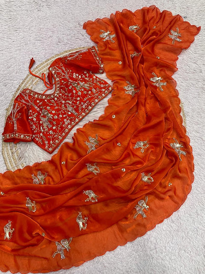 Bollywood Trending Fandy Satin Saree with Khatli & Beads Work Border | Ready-to-Wear Stitched Blouse | Party Wear Designer Saree