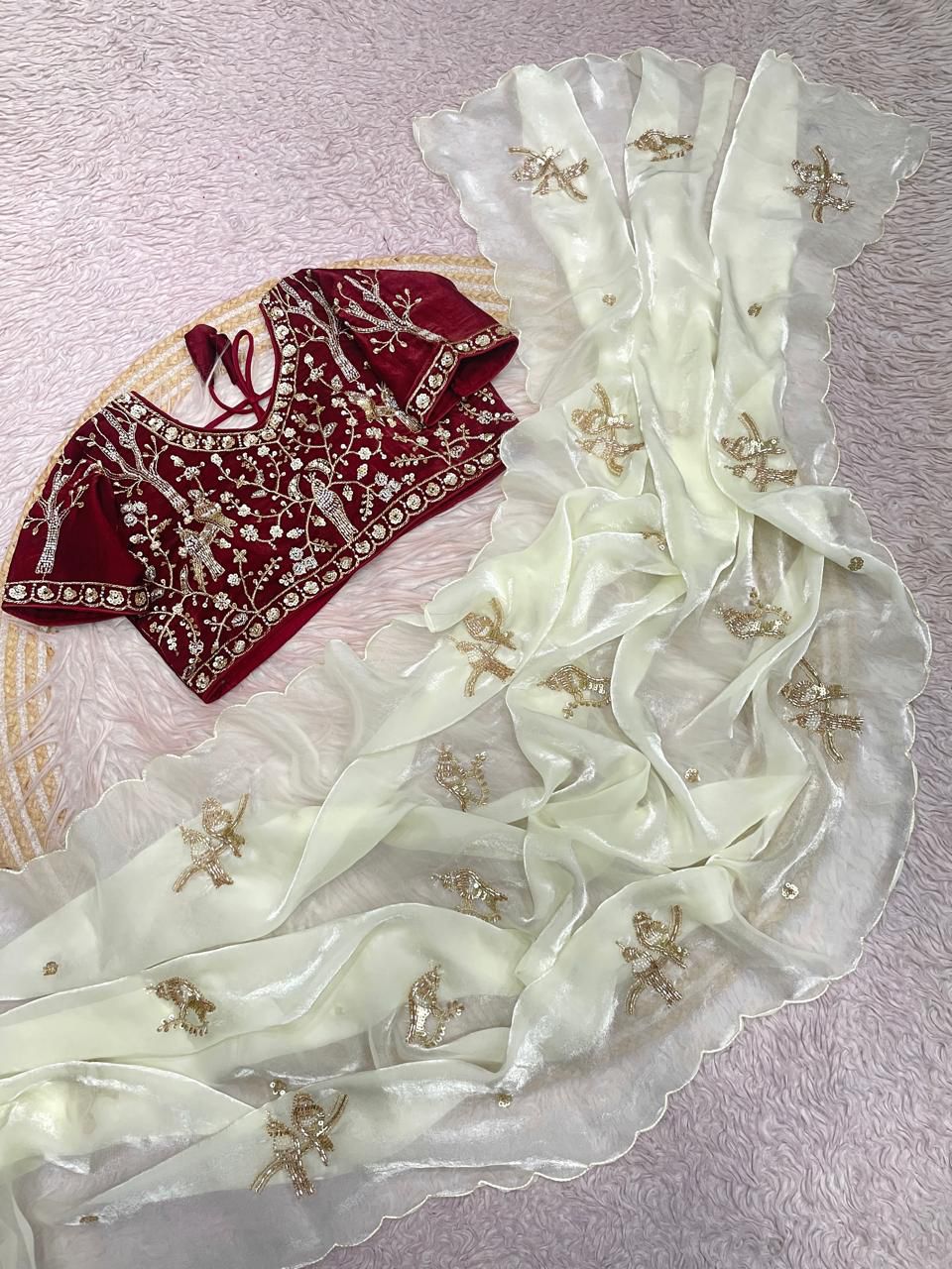 Bollywood Trending Fandy Satin Saree with Khatli & Beads Work Border | Ready-to-Wear Stitched Blouse | Party Wear Designer Saree