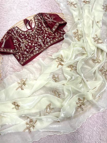 Bollywood Trending Fandy Satin Saree with Khatli & Beads Work Border | Ready-to-Wear Stitched Blouse | Party Wear Designer Saree